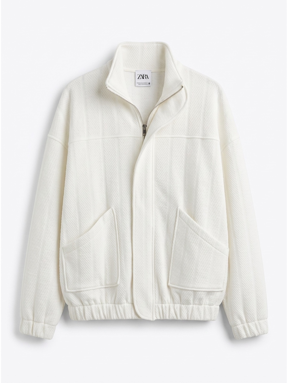 Zara Cream Textured Bomber Jacket Oversized Zip Front Pockets XS